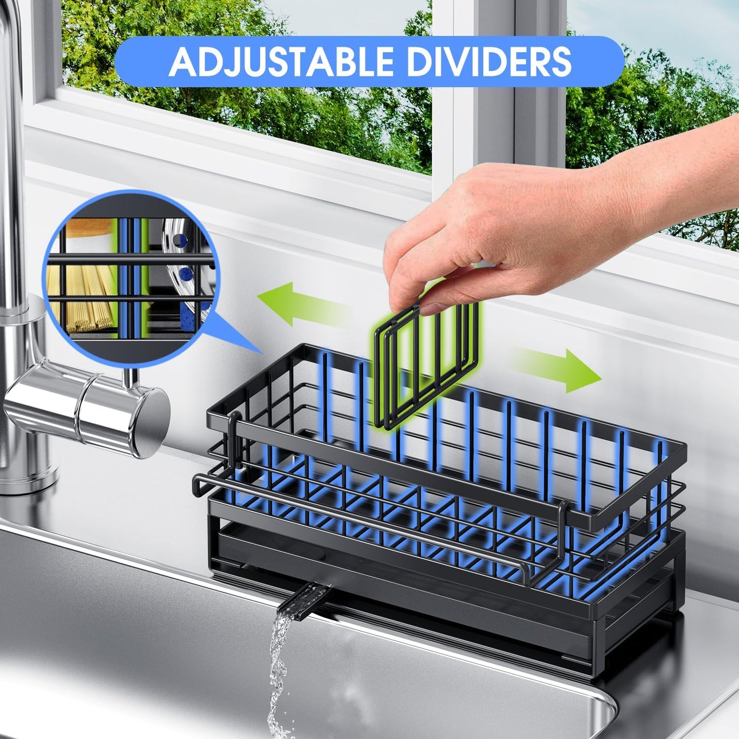 Kitchen Sink Sponge Holder, Rustproof Non-Slip Self-Draining Metal Sink Caddy with Detachable Dish Cloth Holder (Black)