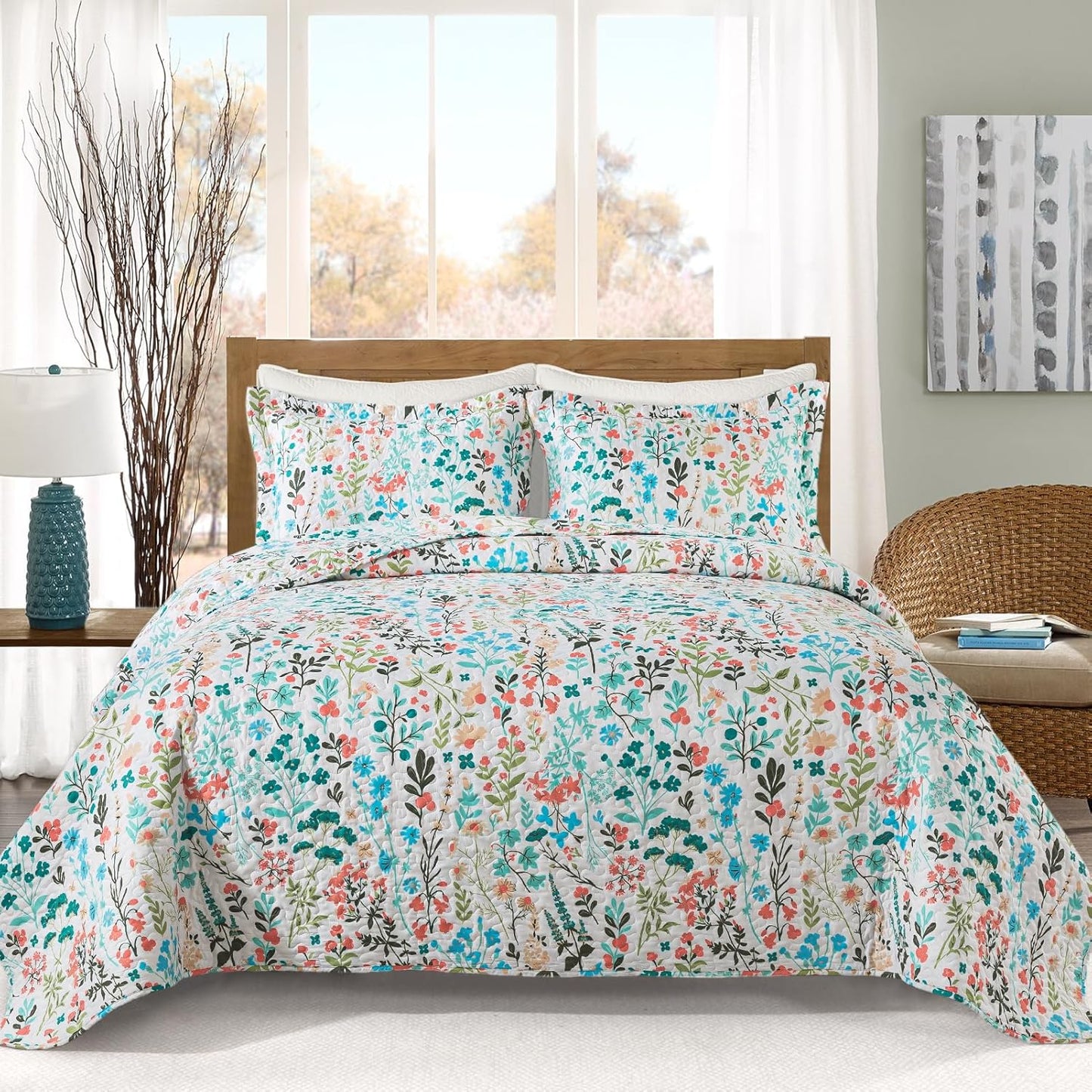 VAPUTAR Queen Quilt Bedding Set-3 Pieces Botanical Quilt Queen Size (90 x 98 inch), Reversible Queen Coverlet with Garden Style Floral Pattern, Bedspread Queen Size Suitalble for All Season.