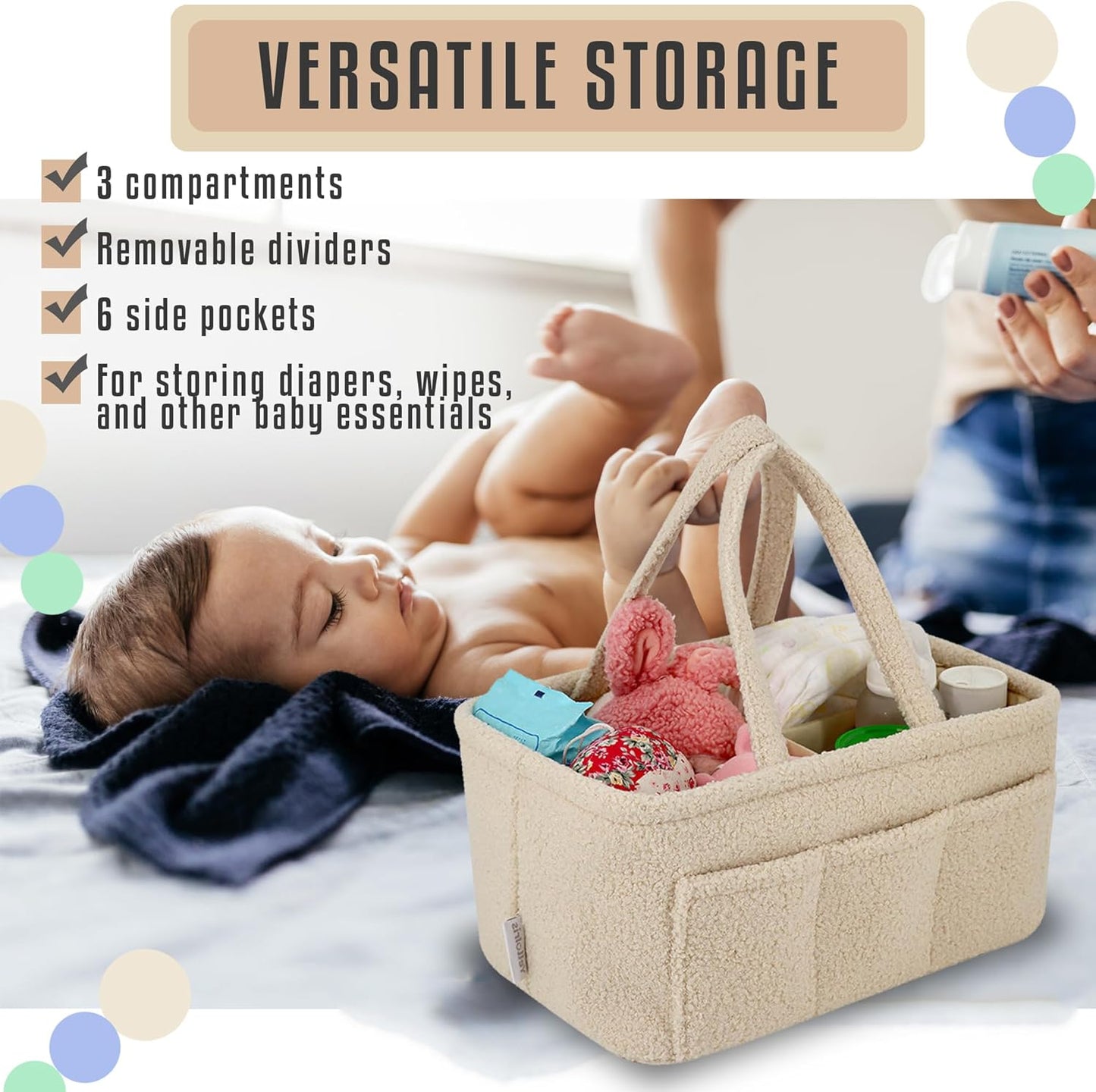 Baby Diaper Caddy Organizer – Soft Beige Sherpa with 3 Removable Compartments & 6 Side Pockets – Perfect Nursery Storage Bin & Car Organizer for Diapers, Baby Wipes, and Essential Supplies.
