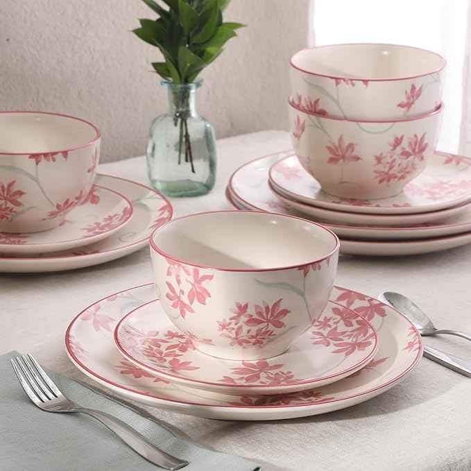 Gibson Home Admiral Hall 12-Piece Matte Stoneware Dinnerware Set – Dinner Plates, Salad Plates & Bowls with Pink Floral Pattern, Durable Everyday Dish Set, Microwave & Dishwasher Safe