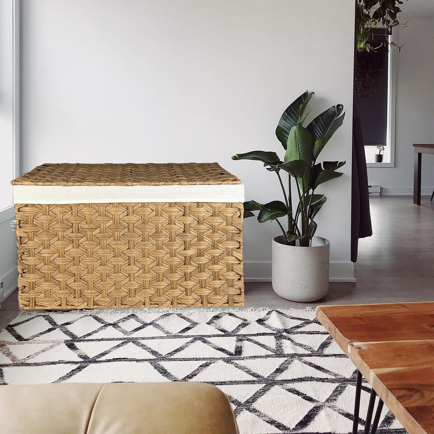 Wicker Storage Basket with Lid, 42.3 Gallon (160L) Large Blanket Basket with Lid, Woven Storage Bin with Handles, Removable Liner, Metal Frame, Foldable, for Bedroom, Laundry Room, Natural