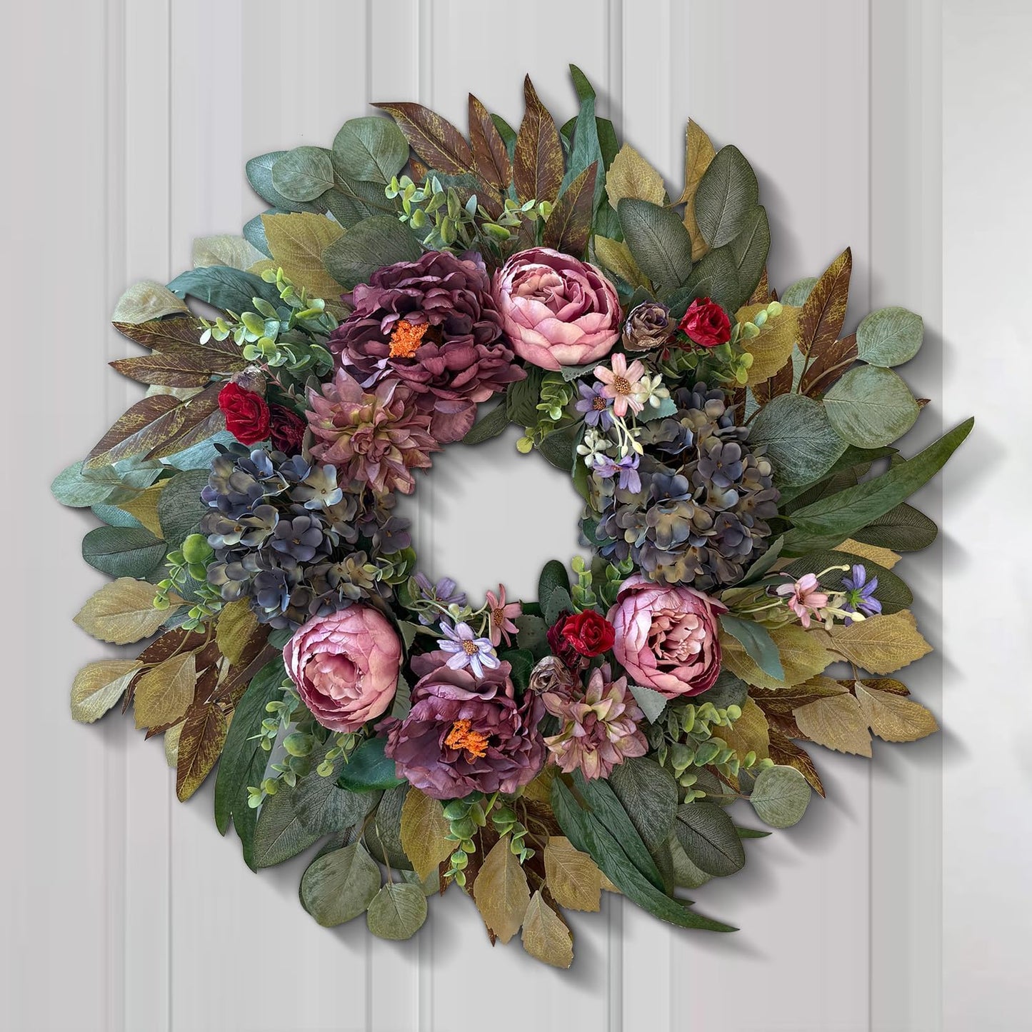 WANNA-CUL 24 Inch Spring Wreaths for Front Door Decor, Spring Front Door Wreath with Pink&Purple Peony Floral and Vintage Blue Hydrangea Flower for Wedding or Indoor&Outdoor Wreath Decoration
