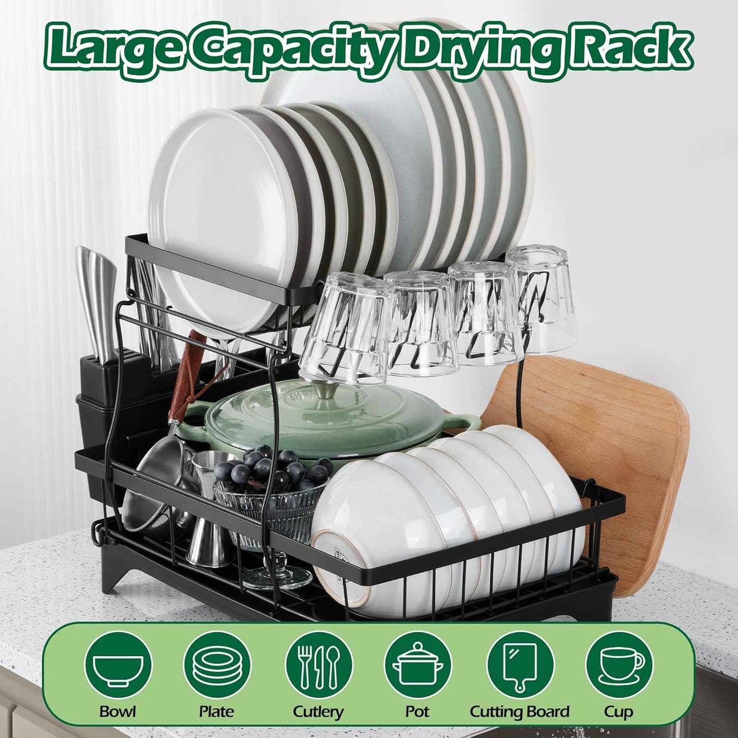 E-far Dish Drying Rack for Kitchen Counter, 2 Tier Small Dish Drainer Drying Rack, 16.7" x 11.8" x 13.9" Metal Organizer with Drainboard and Utensil Holder, Large Capacity & Space Saving, Black