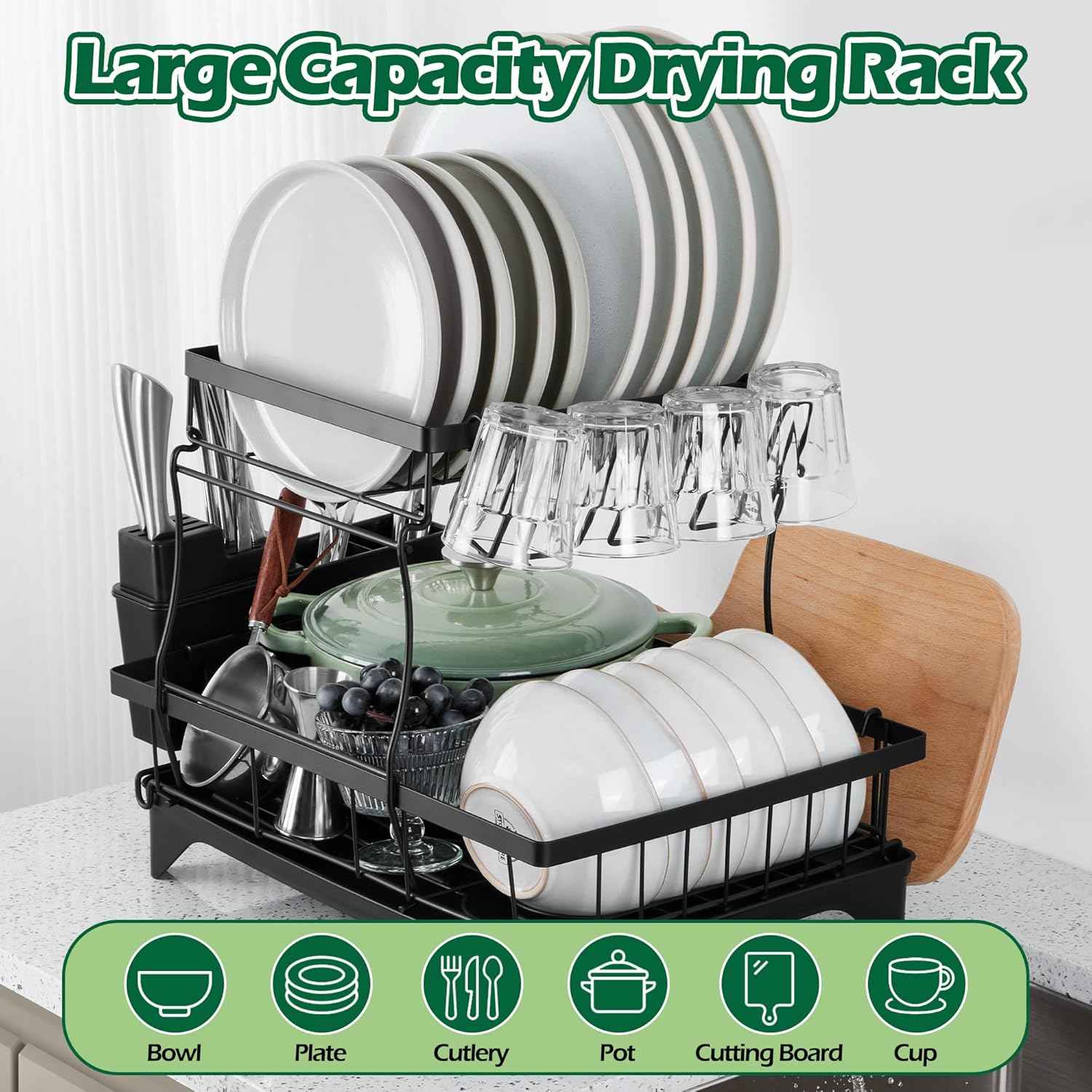 E-far Dish Drying Rack for Kitchen Counter, 2 Tier Small Dish Drainer Drying Rack, 16.7" x 11.8" x 13.9" Metal Organizer with Drainboard and Utensil Holder, Large Capacity & Space Saving, Black