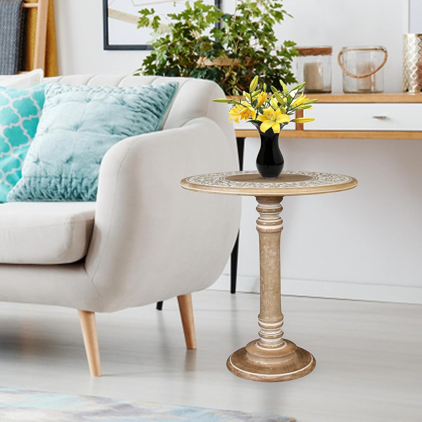 Lightnpro Carved Round End Table with Single Pillar - Handcrafted Accent Bedside Nightstand Side End Table for Living Room, Entryway, Vintage Desk for Books, Plants & Décor - 18x22 Inch - White Wash