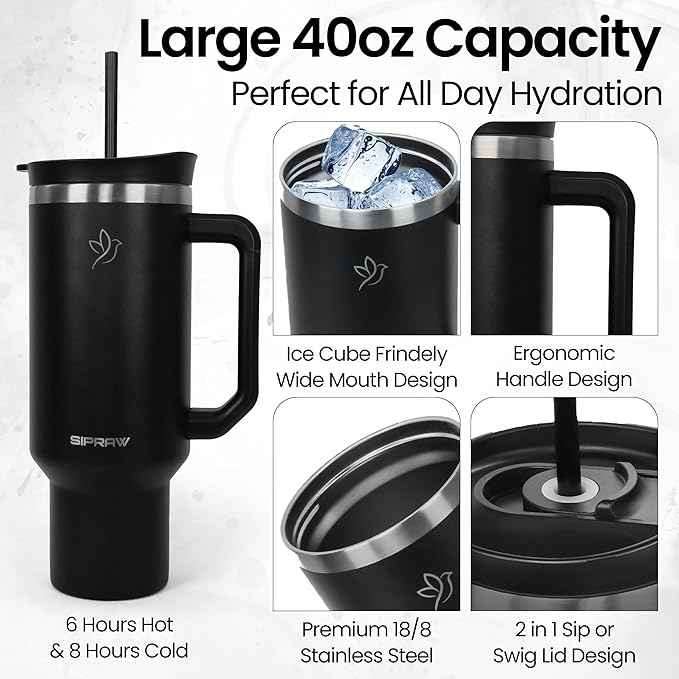 40oz Tumbler with Handle and Straw Insulated Stainless Steel Travel Mug Vacuum Double Wall Coffee Cup Leak Resistant Lid BPA-Free Cup Holder Friendly for Hot & Cold Drinks, Black