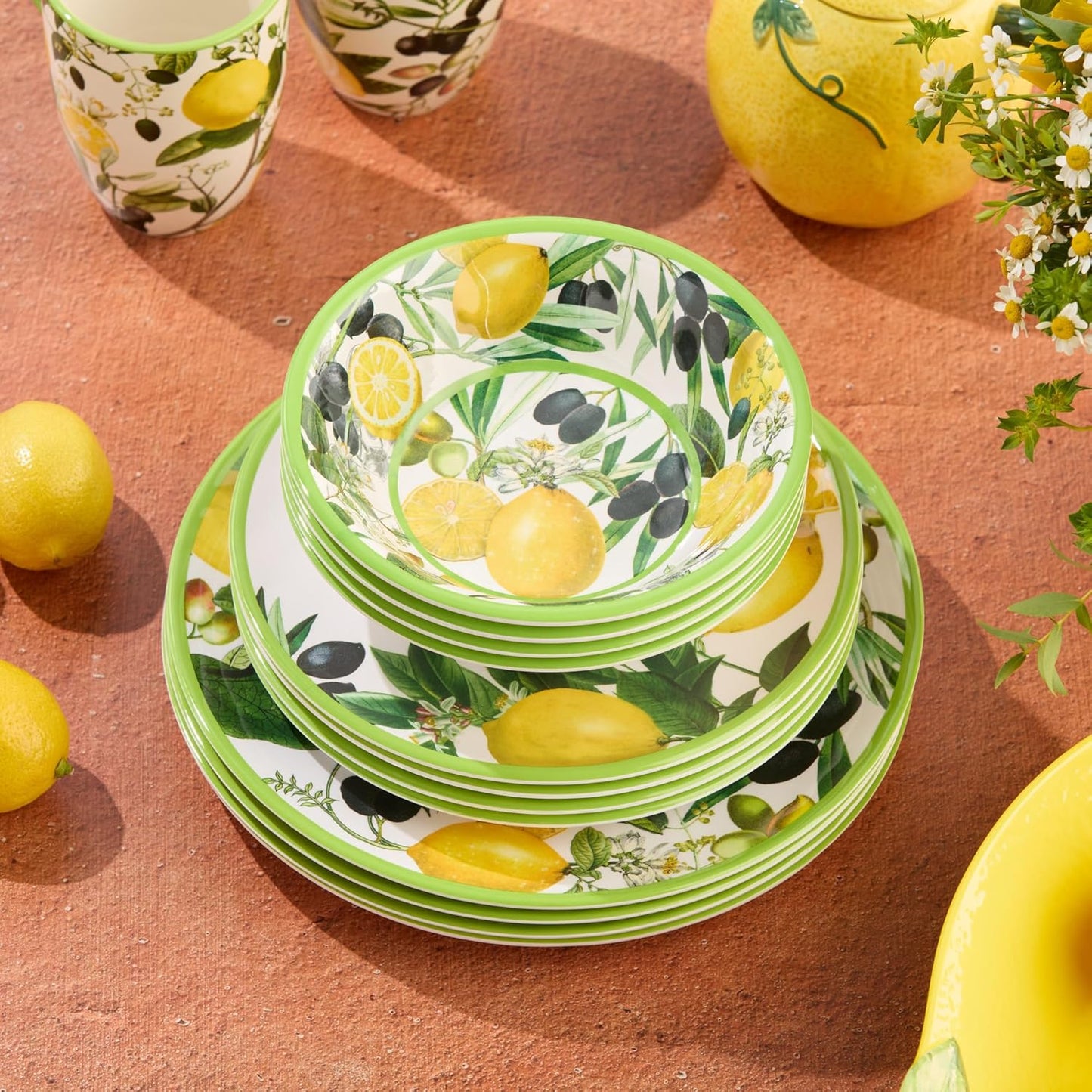 Limone 12-Piece Melamine Dinnerware Set - Citrus-Inspired, Service for 4, Durable, Shatterproof, Dishwasher-Safe Plates and Bowls for Everyday Dining, Outdoor Use, and Entertaining