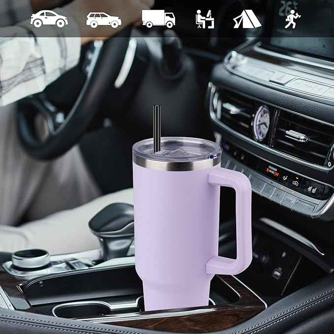 DOMICARE 40 oz Tumbler with Handle and Straw, Stainless Steel Tumbler with Lid and Straw, Reusable Vacuum Insulated Cup, Travel Coffee Mug, Lavender, 1Pack