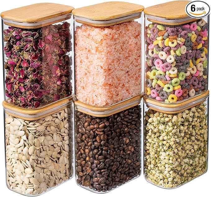 37oz 6PCS Rectangle Glass Pantry Containers with Lids, Glass Jars with Lids, Clear Food Storage Jars, Small Canister for Salt, Pepper, Spices, Nuts, Loose Tea, Coffee, Sugar, Candy