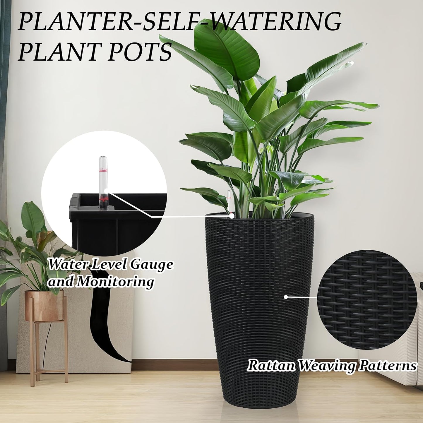 22" Tall Planter Set of 2, Large Self Watering Pots for Indoor/Outdoor Plants with Drain Holes, Water Level Monitor, Inner Bucket for Front Porch Patio, Black Rattan Conical