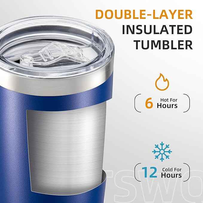 20 oz Tumbler Bulk with Lid Stainless Steel Insulated Tumblers Double Wall Vacuum Coffee Mug Powder Coated Tumbler Cups for Cold and Hot Drinks, Blue, 6 pack