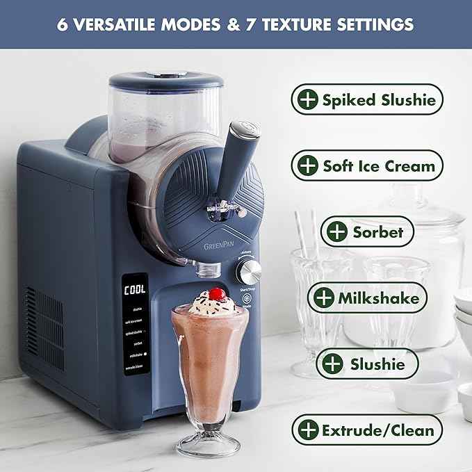 GreenPan Frost Ice Cream Maker & Slushie Machine, Soft Serve, Sorbet, Margaritas, Milkshakes, Frozen Yogurt, No Pre-Freezing, Ready in 15 Mins, 6 Modes, 7 Textures, Self-Cleaning, Family Size, Blue
