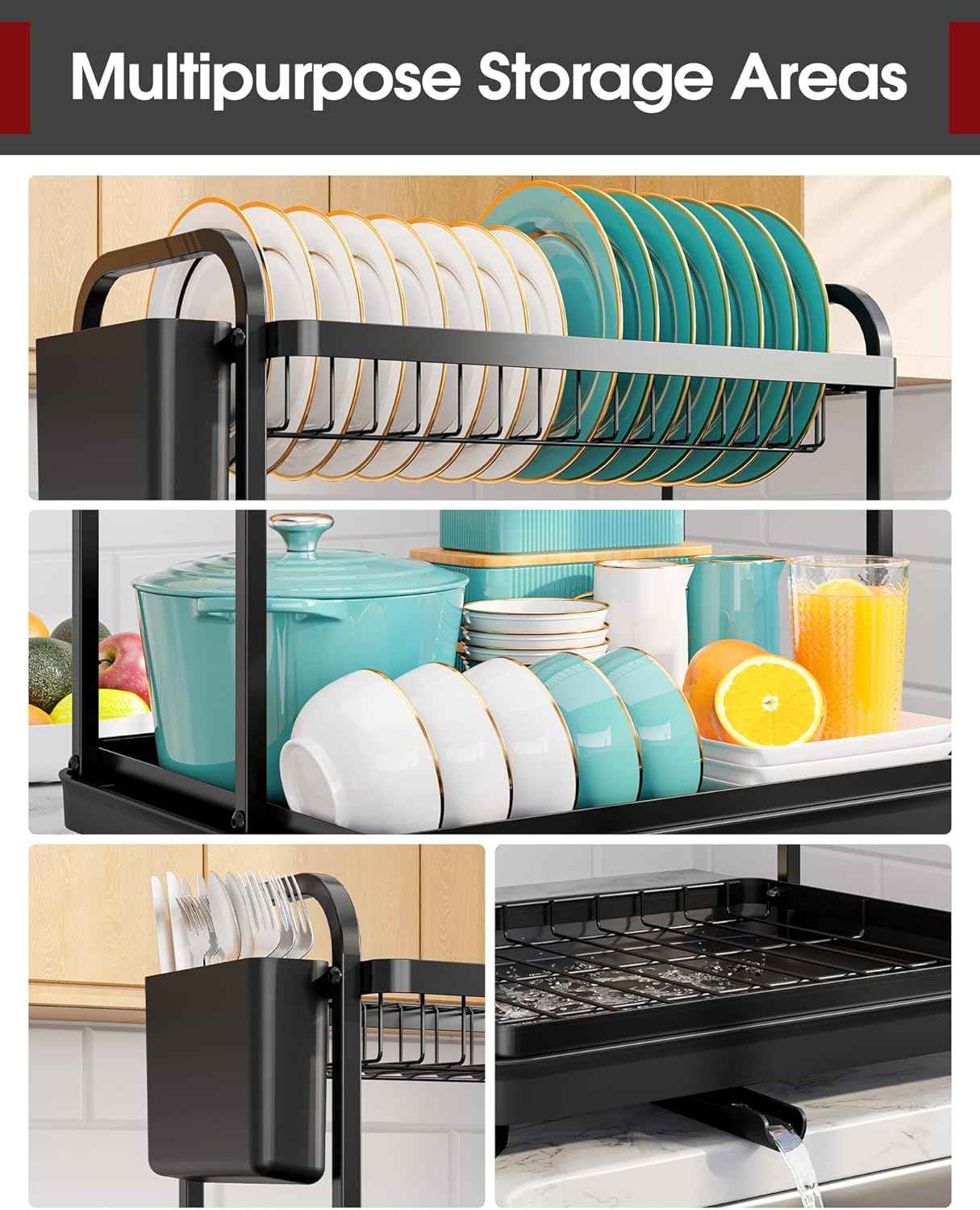 Sakugi 2-Tier Dish Drying Rack - Stainless Steel Dish Rack with Cutlery & Utensil Holders for Kitchen Counter, Sink Organization and Storage for Small Family, 15" W x 11.4" L x 15" H, Black
