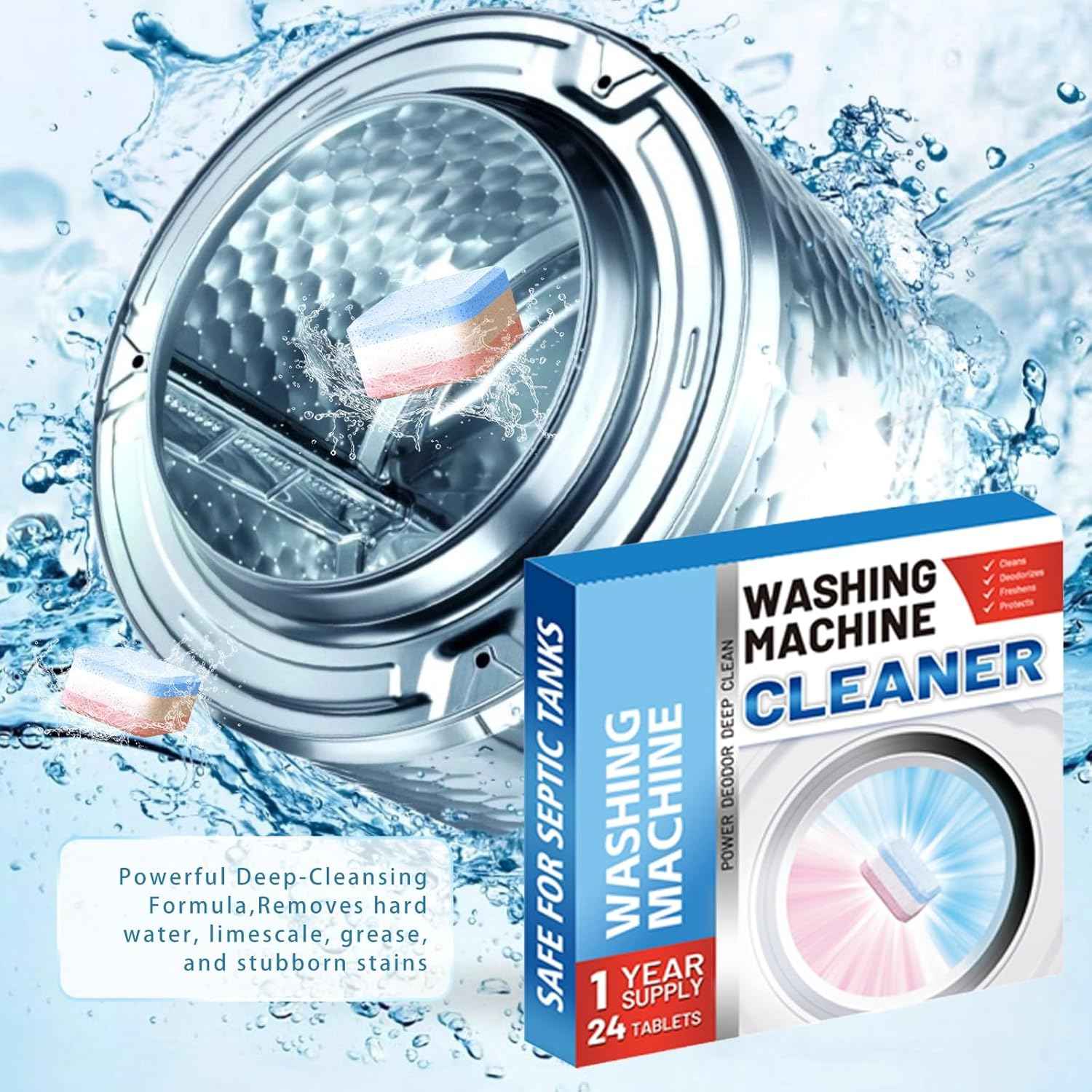 Washing Machine Cleaner Descaler 24 Pack, washing machine cleaning tablets deep Cleaning for HE Front Loader & Top Load Washer, Septic Safe Deodorizer,Clean Drum and Tub Seal,12 Month Supply