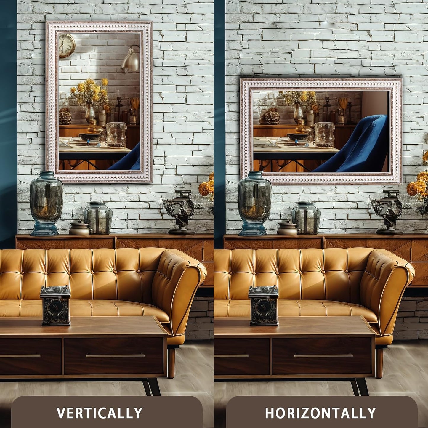 35x23'' Boho Wooden Rectangle Wall Mirror, Rustic Farmhouse Rectangular Mirrors for Bathroom, Bedroom, Living Room, Entryway Decorative - Vertical or Horizontal Hanging