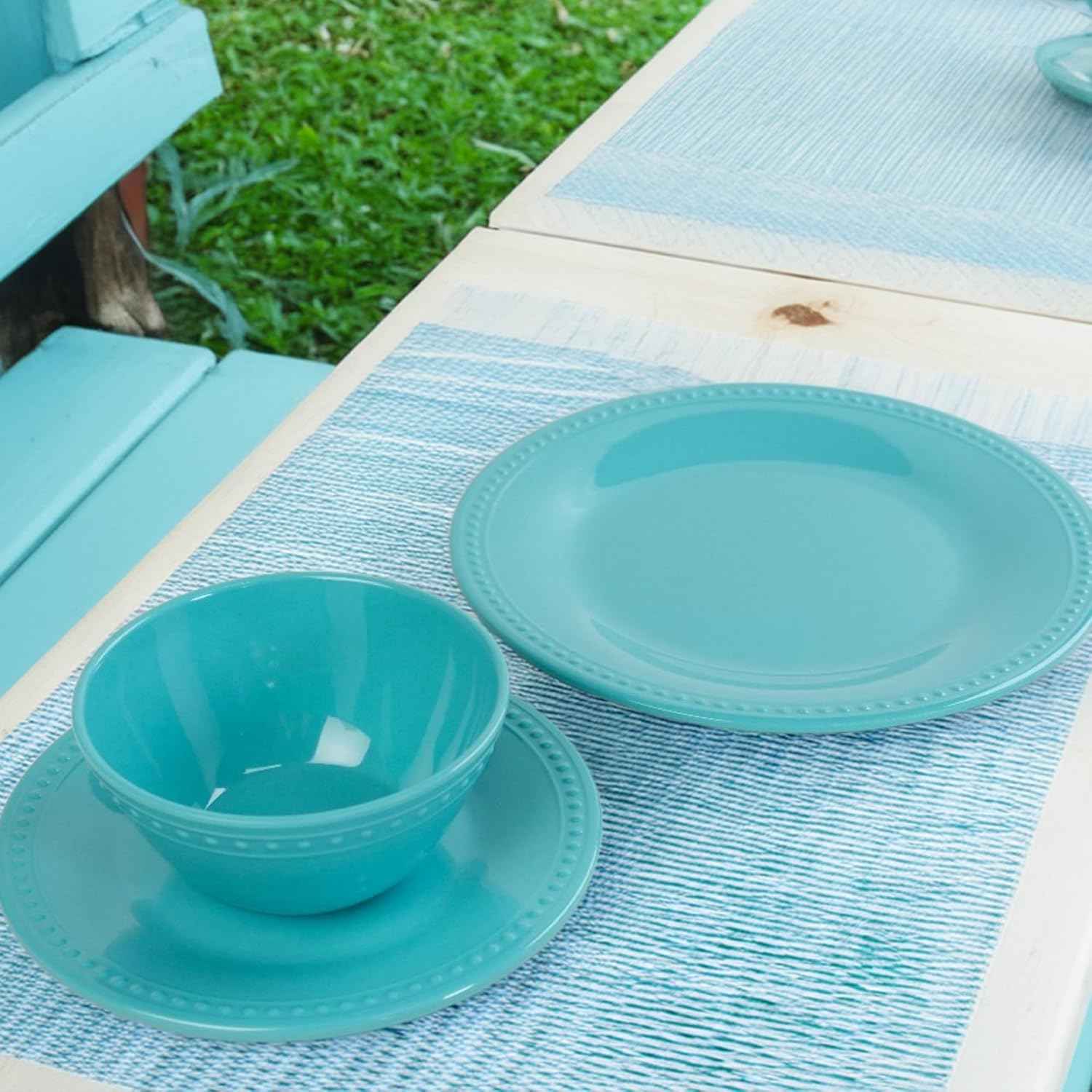 Aqua Beaded Melamine Plastic Dinnerware Sets,12 Pieces Dishes Set, Lightweight Unbreakable, BPA Free, Plates and bowls set, Perfect for Indoor Outdoor Weddings & Everyday Meals