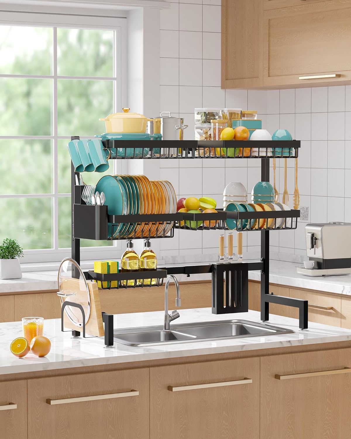 Sakugi Over The Sink Dish Drying Rack - Adjustable 2 Tier Large Capacity Stainless Steel Drainer with Cutlery & Utensil Holders, Kitchen Storage & Organization, 30"-33.9" L x 11" W x 21.5" H, Black