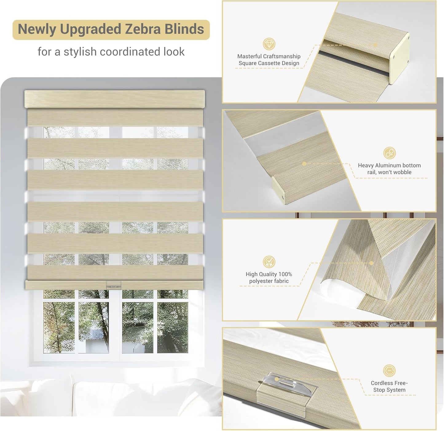 Cordless Zebra Blinds for Windows, Blackout Interior Blinds,Easy to Install,UV Protection,for Offices and Home,Custom Roller Shades, Mousse Beige,26" W x 64" H