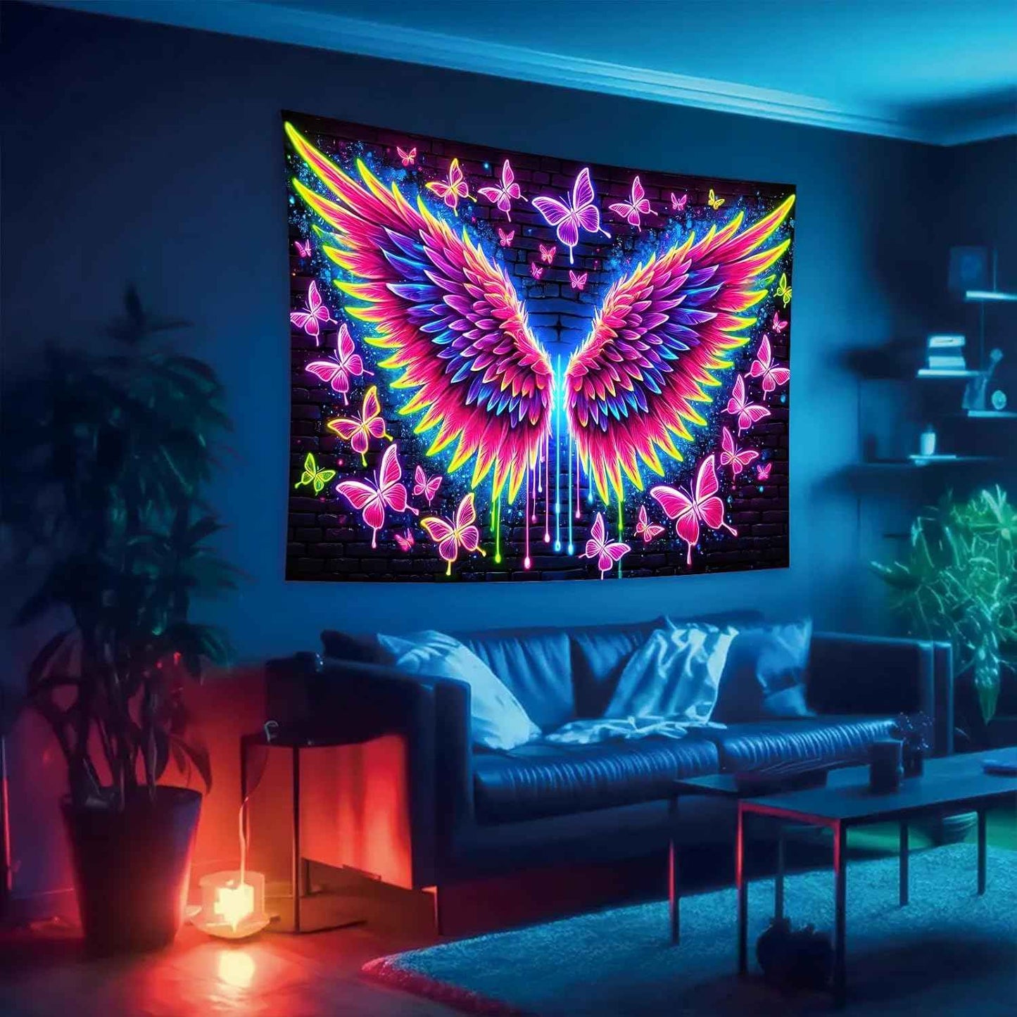 Starlit Patio Blacklight Angel Wings Tapestry UV Reactive Glow in The Dark Butterflies Wall Hanging Trippy Fluorescent Neon Art Poster for Bedroom Living Room Dorm Aesthetic Decor 78 x 59 Inches