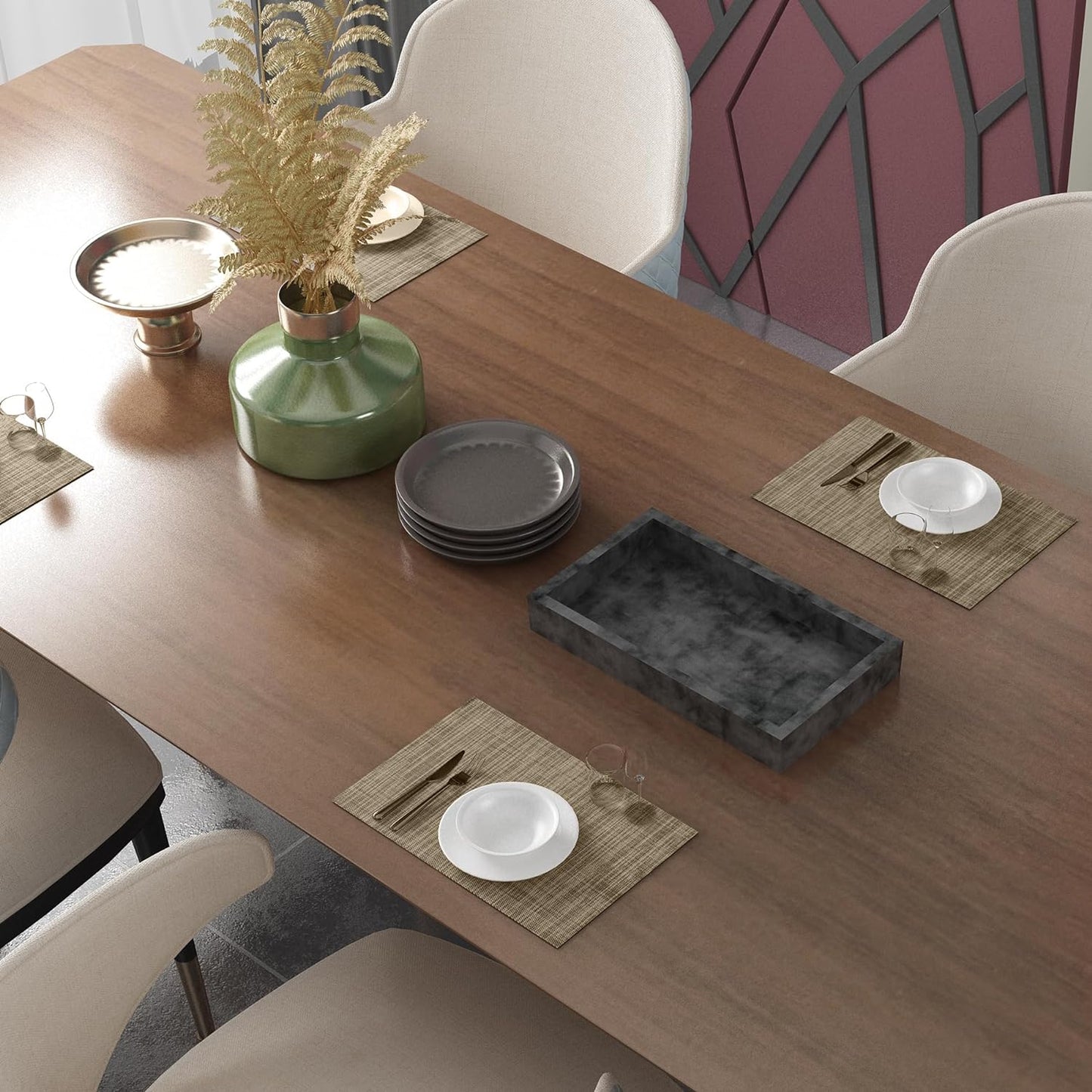 CADONO Placemats Set of 4 Washable Indoor/Outdoor Vinyl Place Mats for Dining Table Durable Non-Slip Heat Resistant PVC Weave Table Mats（Khaki）