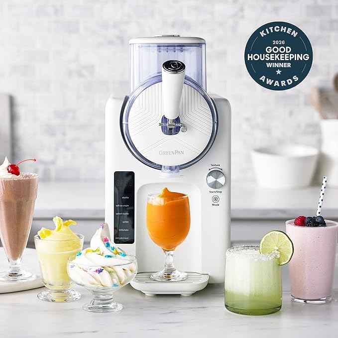 GreenPan Frost Ice Cream Maker & Slushie Machine, Mixing Bowl included, Soft Serve, Sorbet, Margaritas, Milkshakes, Frozen Yogurt, No Pre-Freezing, Ready in 15 Mins, 6 Modes, Self-Cleaning, Cream