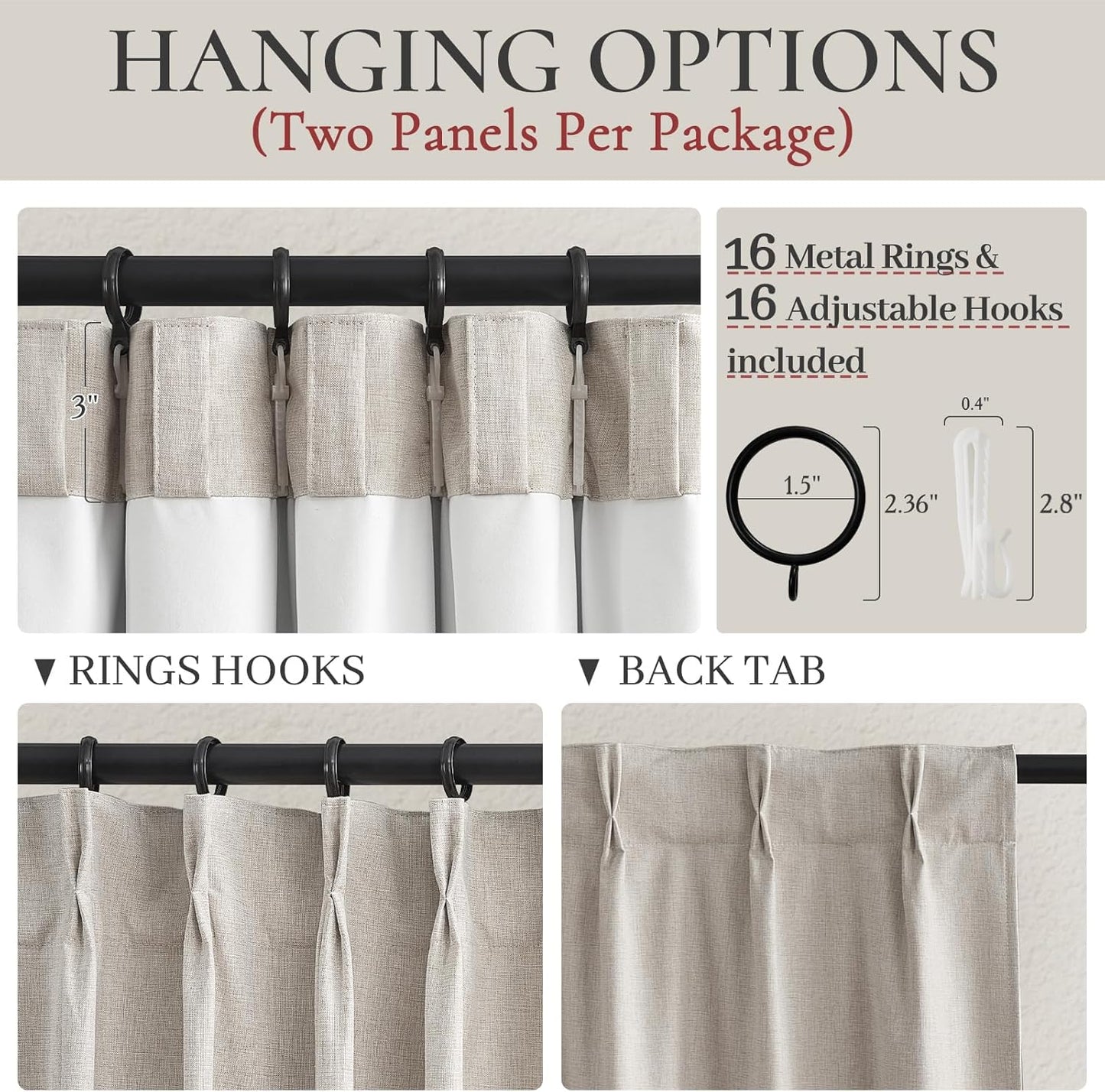 Natural Linen Pinch Pleated Blackout Curtains & Drapes 94 Inch Long Bedroom/Livingroom Farmhouse Curtain 2 Panel Sets, Neutral Track Room Darkening Thermal Insulated Back Tab Window 40"x94"