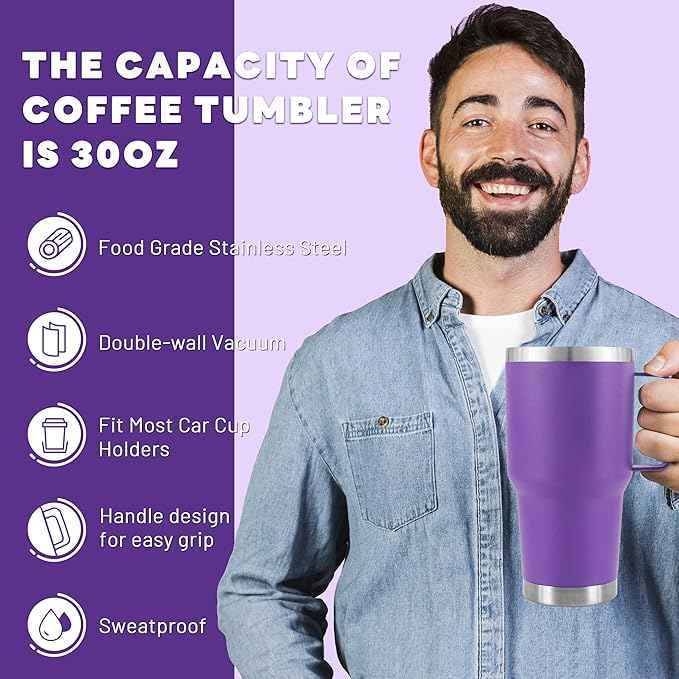 30 oz Tumbler With Handle, Double Wall Stainless Steel Vacuum Insulated Travel Mug with Splash-Proof Lid Metal Straw and Brush (Purple)