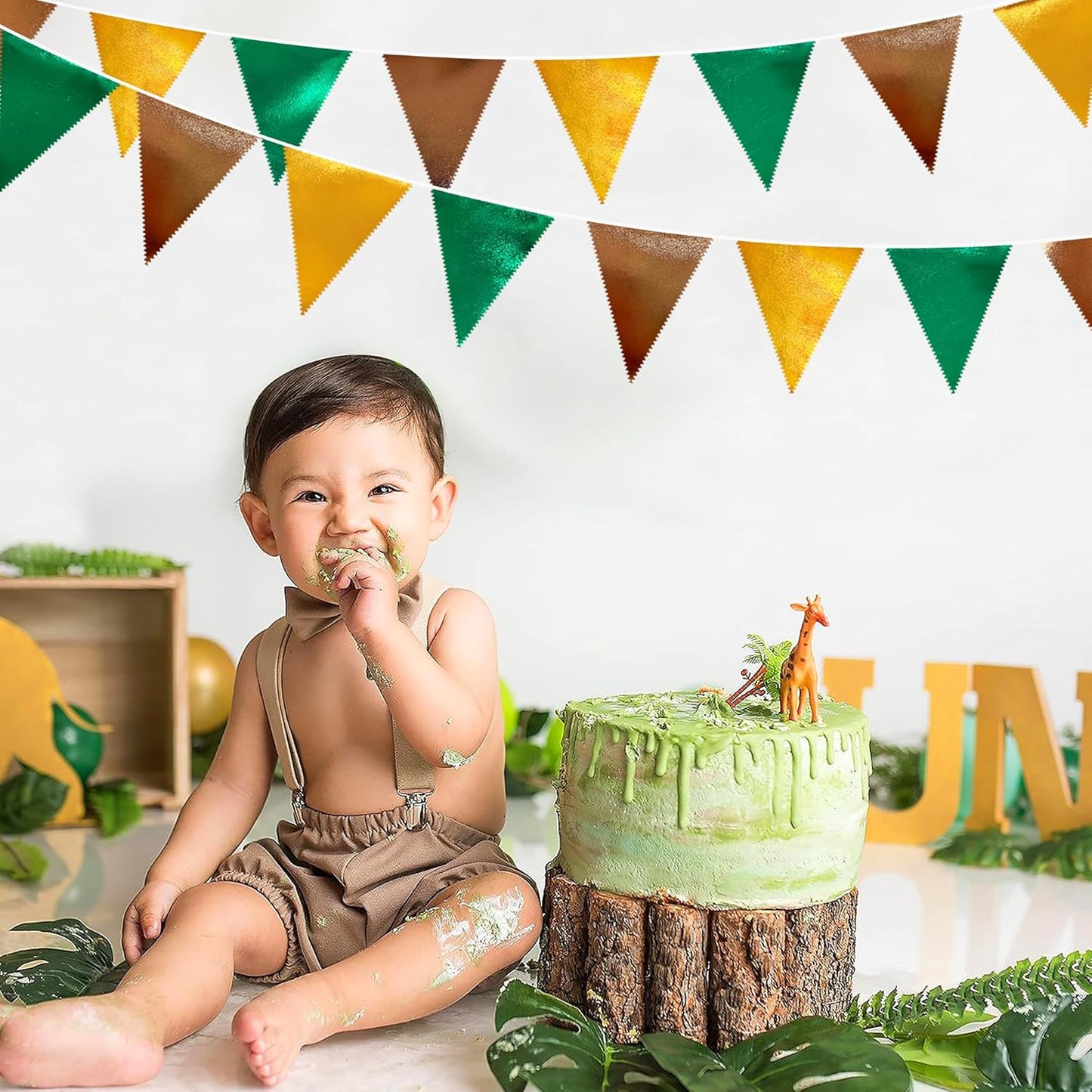 Green Gold Brown Metallic Fabric Triangle Pennant Banner Flag Bunting Garland for Football Jungle Safari Wild Woodland Birthday Baby Shower Wedding Bachelorette Graduations Party Decorations Supplies