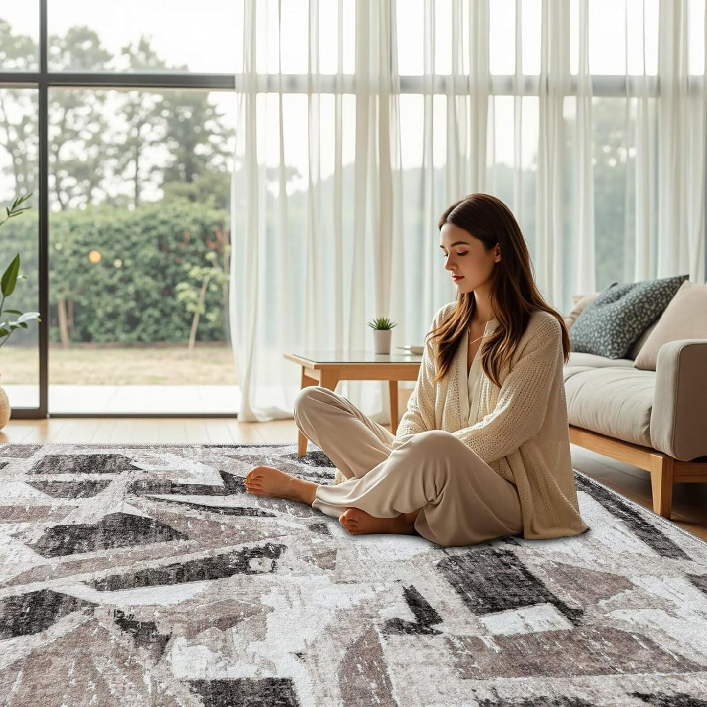 Modern Abstract 6X9 Area Rug for Living Room Bedroom Washable, with Non-Slip Rubber Backing Print Faux Wool Thin, Grey Throw Large Carpet for Kids Playroom Dining Room Pet & Child Friendly