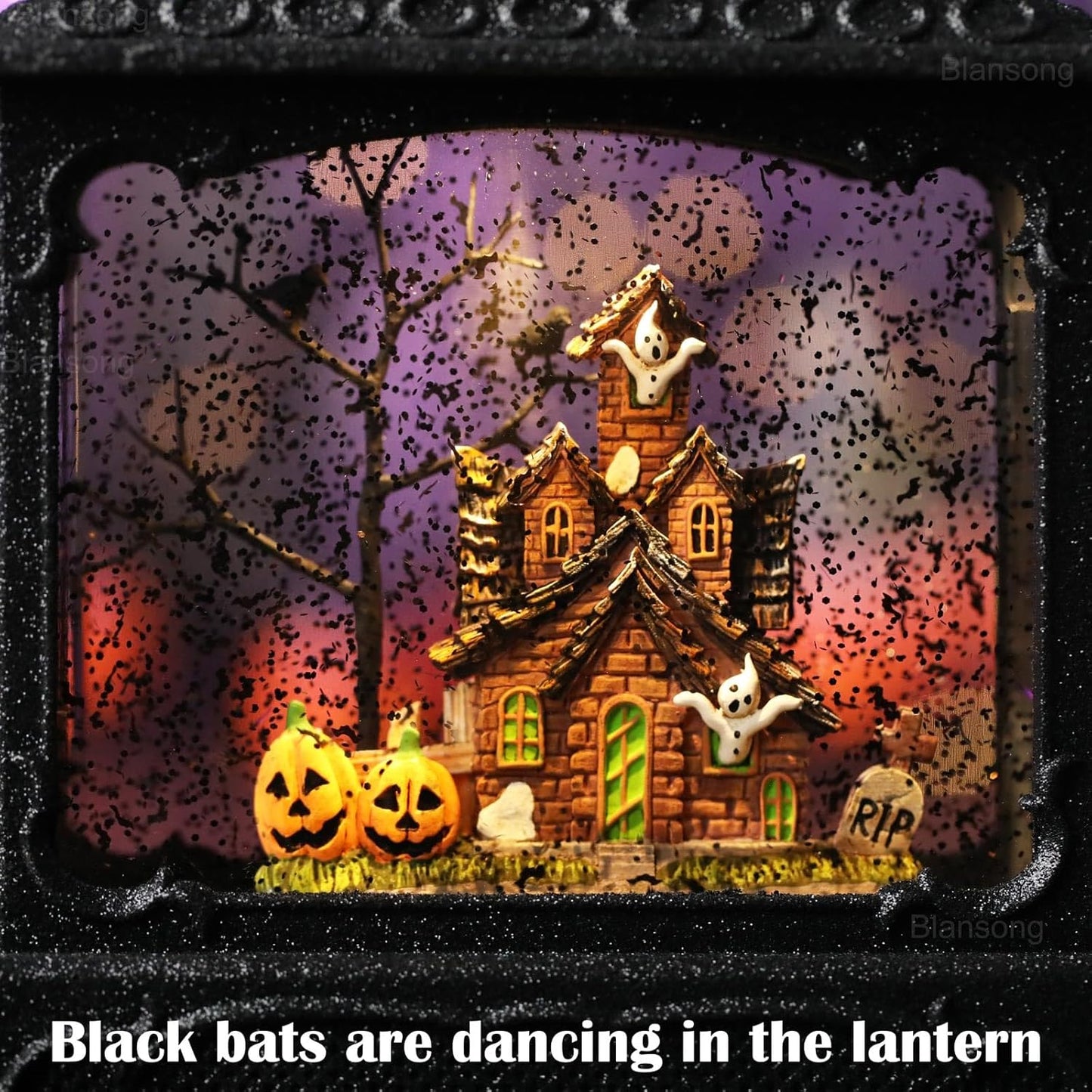Halloween Snow Globe Lantern Ghost Snow Globe Halloween Decorations for Home Haunted House Pumpkin Ghost Tree Crow Rip Dancing Bats with Timer, USB and Battery Powered 12 inch