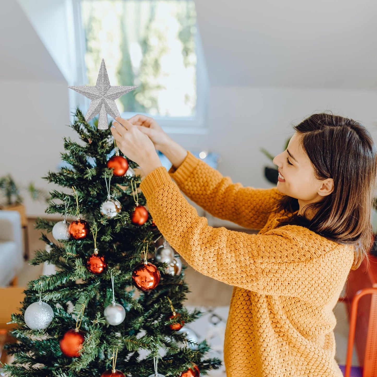 1PCS Tree Topper, 4" Star Christmas Tree Topper Glitter Sliver, Mini Bethlehem Star Xmas Shatterproof Tree Topper Decorations, Waterproof Christmas Decor for Holiday Home Indoor & Outdoor Ornament