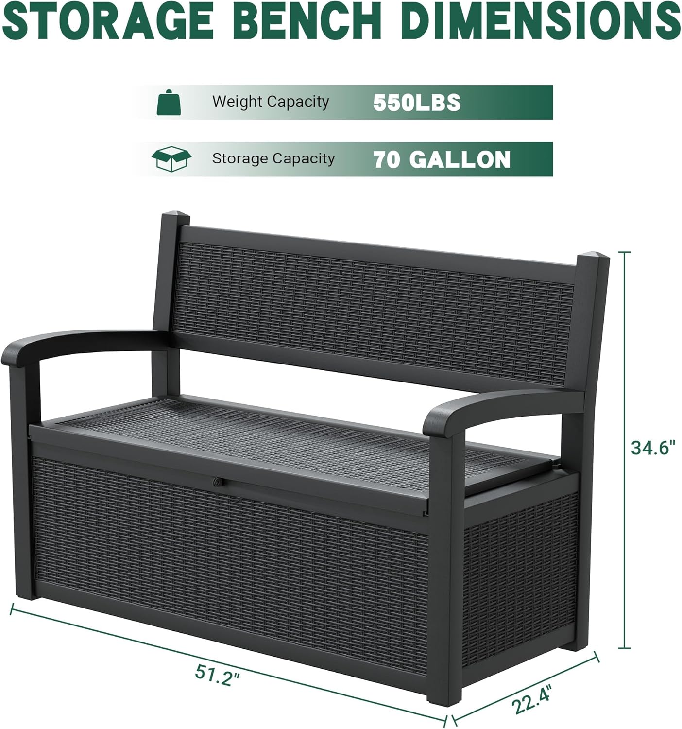 70 Gallon Outdoor Storage Box, Resin Patio Furniture with Armrest, Lockable Deck Box with Waterproof and UV Resistant for Patio Cushions, Garden Tools and Pool Supplies, Black