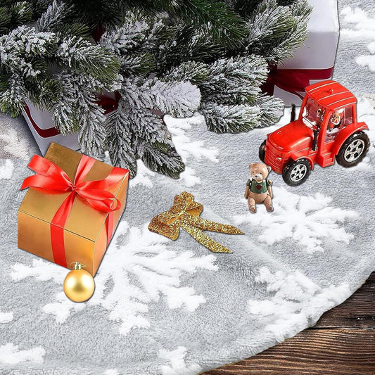 48inch Christmas Tree Skirt Tree Blanket, Large Luxury Soft Carpet 4ft Xmas Tree Blanket with 3D Large Snowflakes Grey Faux Fur Carpet for Christmas Holidays Decoration Party