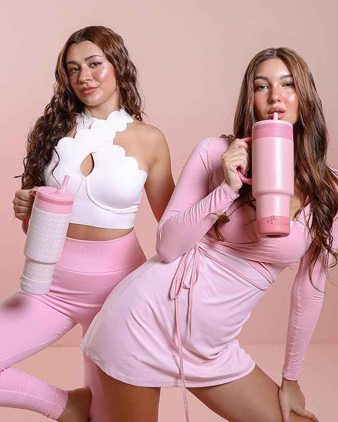 40 oz Insulated Tumbler with Handle and Push-Button Straw Lid, Stainless Steel Travel Cup for Gym Office, Leakproof, BPA-Free, Cup Holder Friendly, Bow Silicone Boot, Pink (Coquette Blush)
