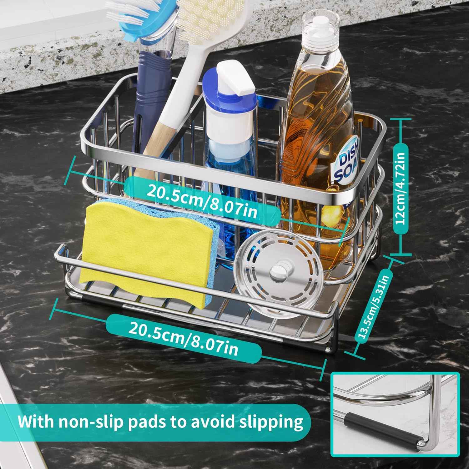 HapiRm Kitchen Sink Organizer, SUS304 Stainless Steel Rustproof Multifunctional Large Sink Caddy with Sponge Holder and Drain Tray for Kitchen Countertop (Silver)