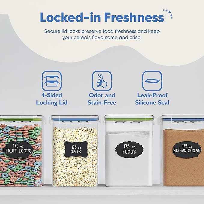 Chef's Path Kitchen Storage Box Set of 4 Extra Large Airtight Food Storage Jars for Sugar Flour Cereal Rice - Measuring Spoons, Pen and Food Preservation Labels (5.2 L)