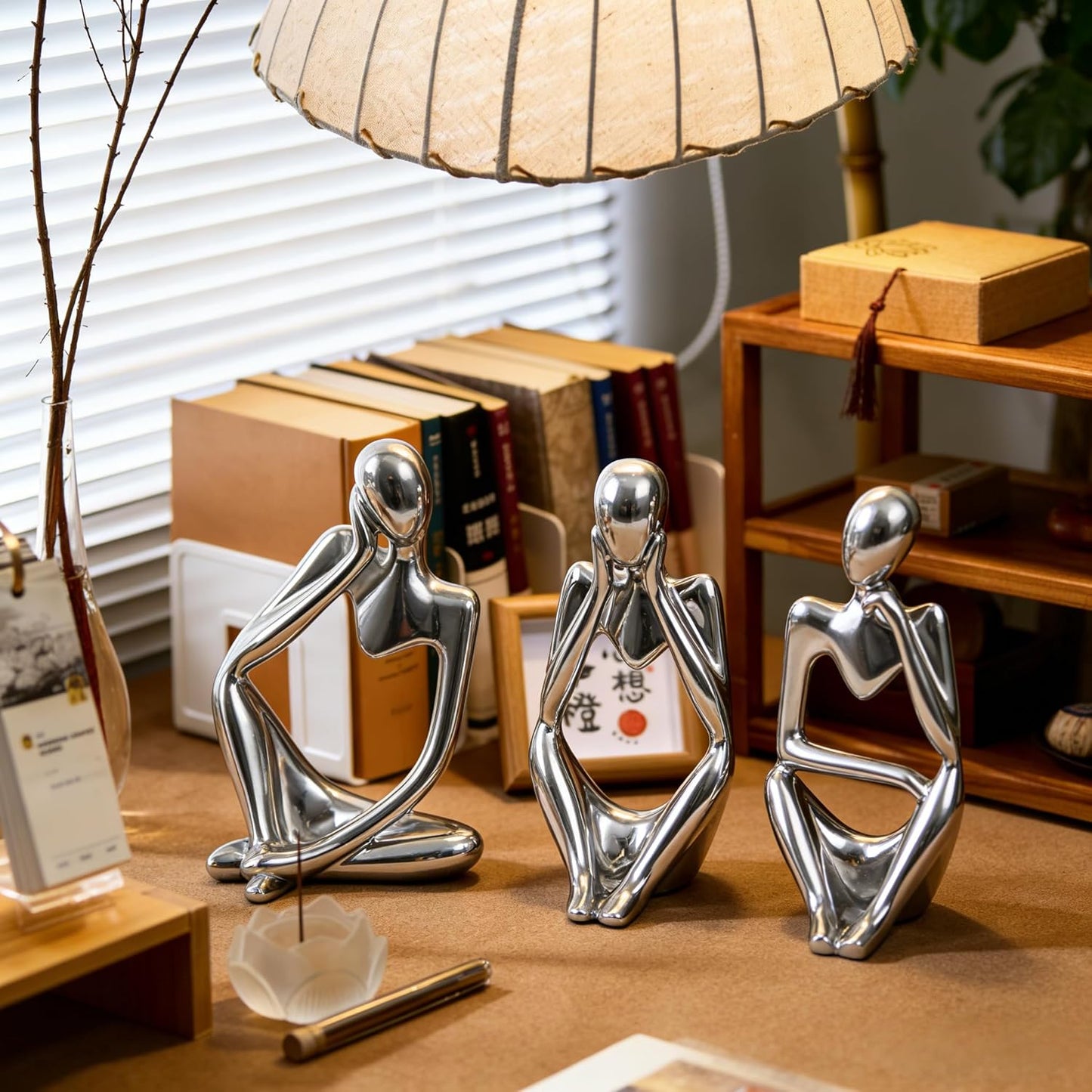 XINXUAN Thinker Statue Home Decor-Bookshelf & Living Room&Mantel-Collectible Figurines - 3 PCS Set (Silver)