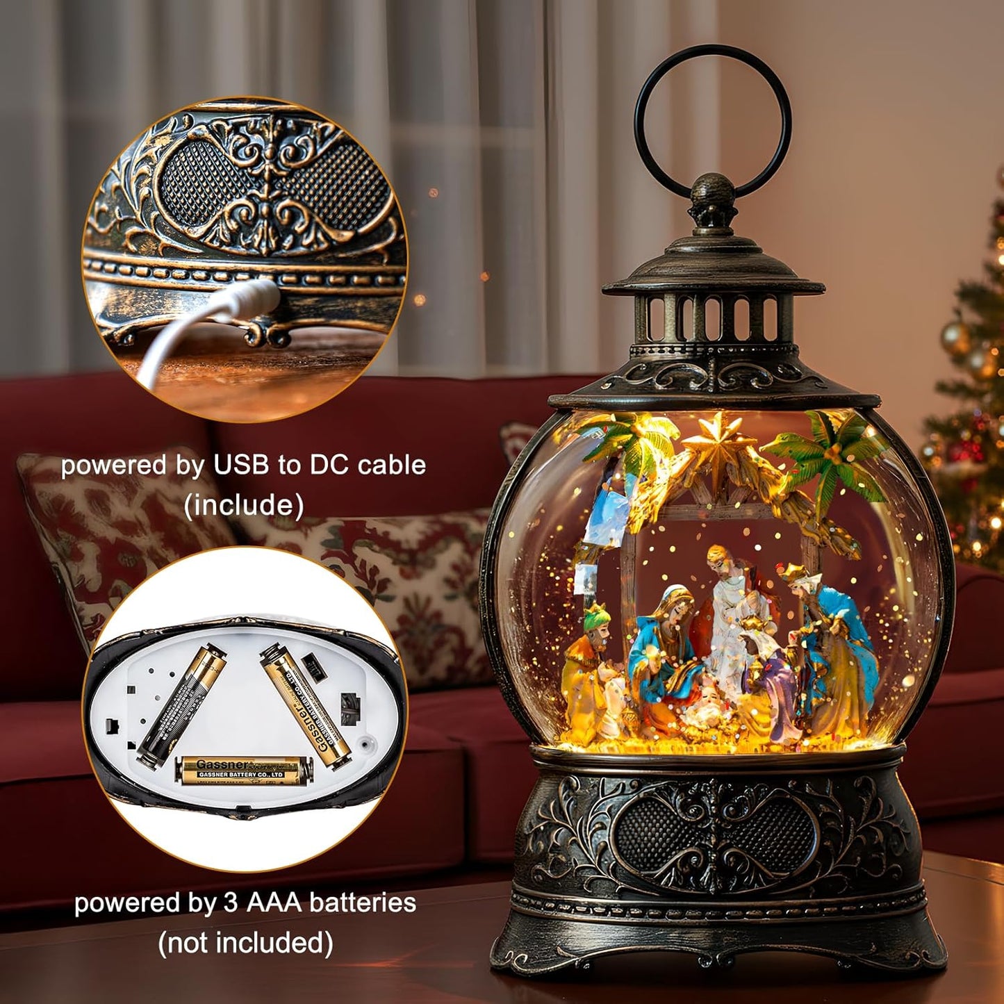 Christmas Snow Globes Lantern Christmas Snow Globe with Music Holy Family Nativity Scene,6H Timer,USB Lined/Battery Operated Lighted Lantern for Christmas Festival Decoration Gifts