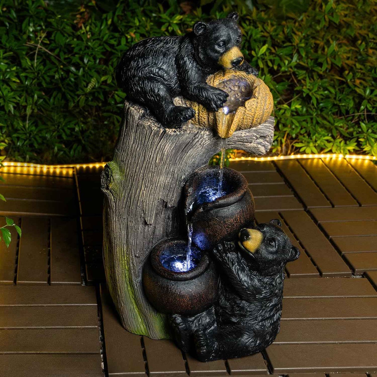 23.62" H Bear Outdoor Garden Water Fountain with LED Lights, 3-Tier Cascading Waterfall Freestanding Decor Water Feature for Patio, Yard, Balcony, Garden Decor, Weather-Resistant Resin, Brown Grey