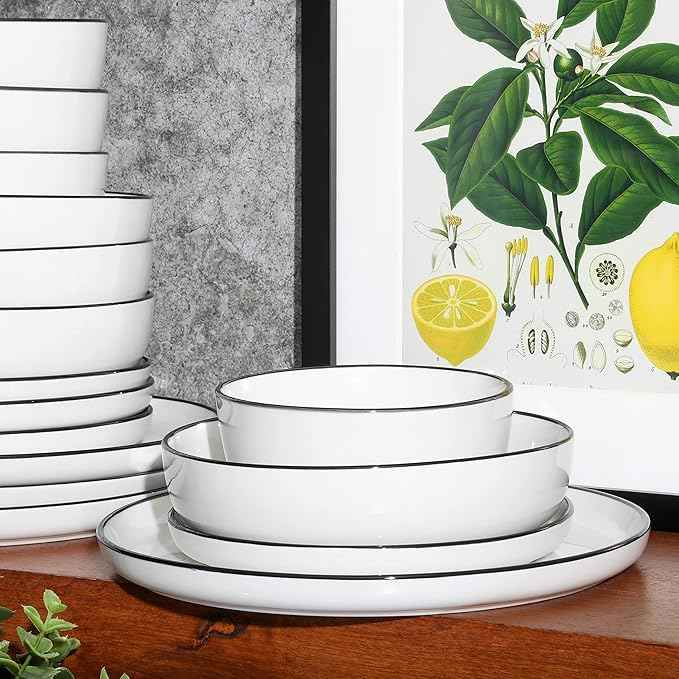 Gibson Home Oslo 16-Piece Porcelain Dinnerware Set, Service for 4 – White Plates with Black Rim, Microwave & Dishwasher Safe