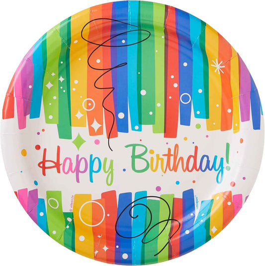 Multicolor Rainbow Ribbons Dessert Paper Plates - 7" (8 Count), Eye-catching & Eco-friendly - Perfect For Birthday Celebrations