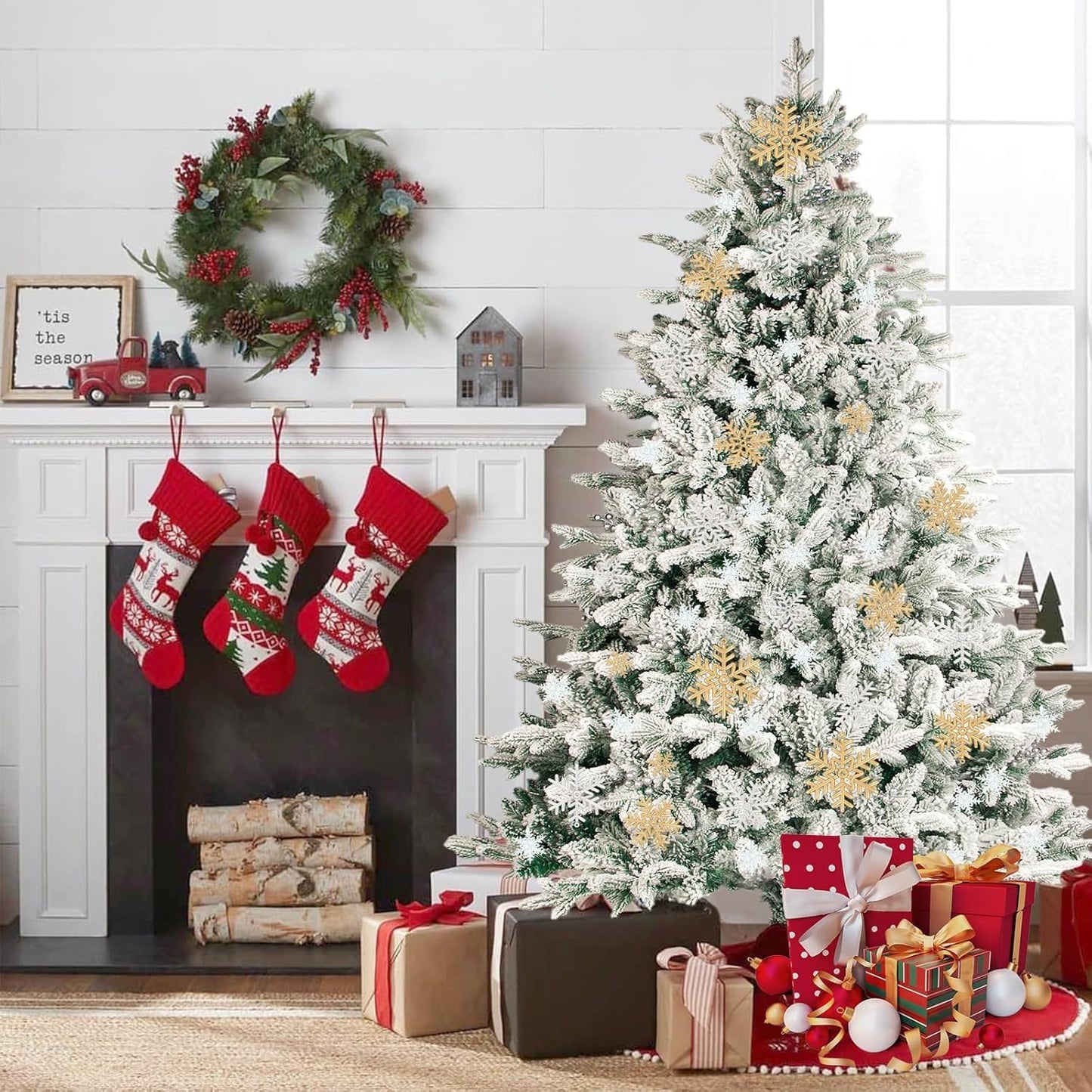 Outroad 7ft Snow Flocked Christmas Tree Premium Hinged Artificial Pine Tree, Xmas Tree Metal Stand and 1000 Lush Branch Tips Holiday Decorate, Easy to Assemble, White