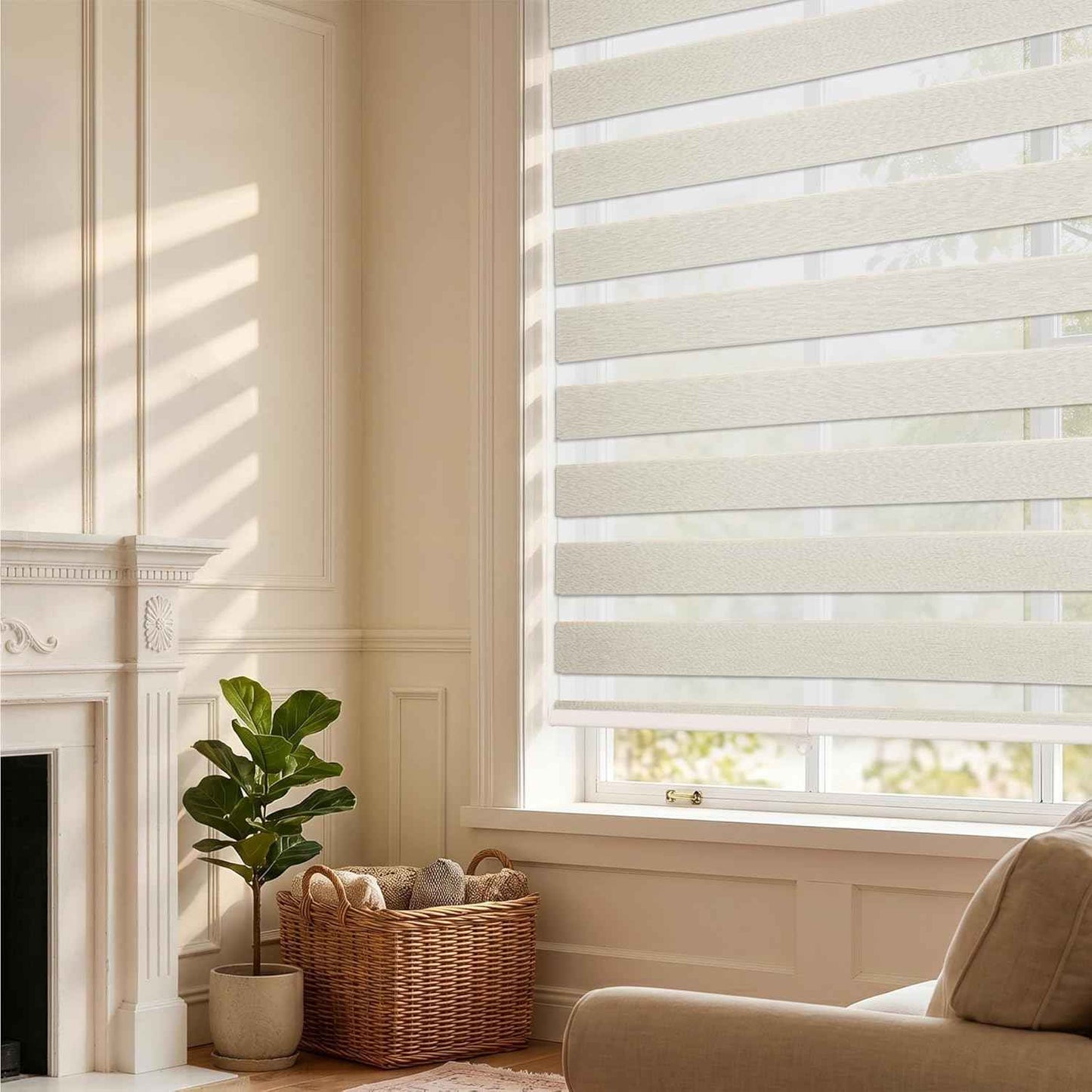 HESTIA Cordless Light Filtering Zebra Shades for Windows, Day Night Dual-Layer Linen-Look Woven Fabric Roller Shades, Privacy Light Control for Living Room/Home Office, Cream, 34" W x 77" H