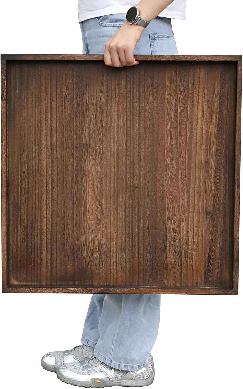 Gurfuy Square Wood Ottoman Serving Tray 24" - Rustic Wooden Table Tray for Farmhouse Decorative Oversized Coffee Table Trays Living Room Kitchen Counter Breakfast Brown