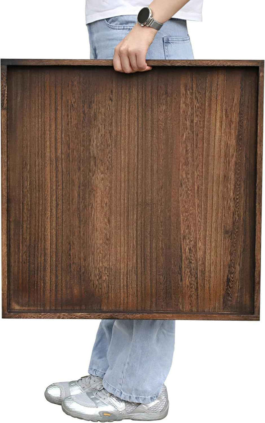 Gurfuy Square Wood Ottoman Serving Tray 24" - Rustic Wooden Table Tray for Farmhouse Decorative Oversized Coffee Table Trays Living Room Kitchen Counter Breakfast Brown