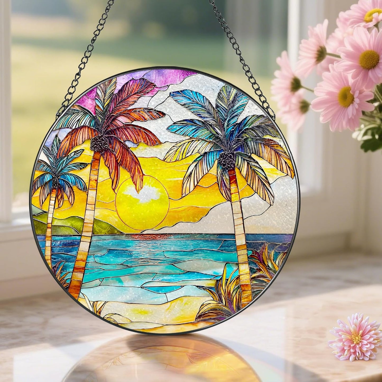 Stained Glass Window Hanging, 8 Inch Beach Sunset Stained Glass Suncatcher, Window Hanging Decor, Beach Lover Home Decor, Seabeach Sunrise Suncatcher, Gift for Mom Grandma