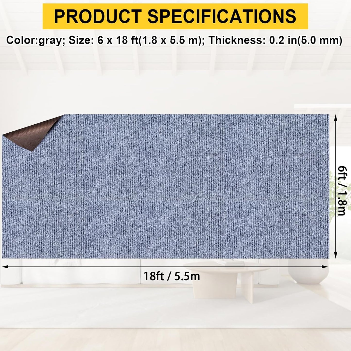 Marine Carpet,6 FT x 18 FT Blue-Gray Indoor Outdoor Carpet 0.2" Thick Boat Carpet with Water-Proof TPE Backing, Non-Slide Outdoor Marine Carpet Roll for Home, Patio, Porch, Deck