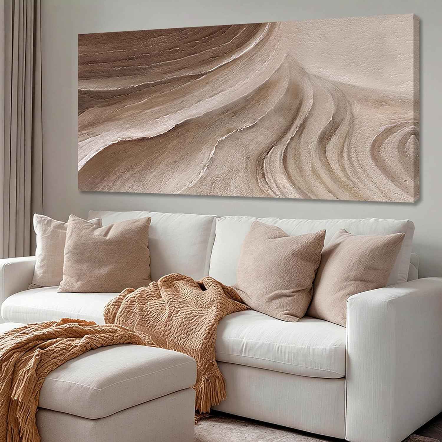 MLART99 Modern Abstract Beige and Brown Canvas Wall Art Textured Minimalist Line Painting Wave-Inspired Artwork for Living Room Bedroom Office Home Decor 24x48 Inch