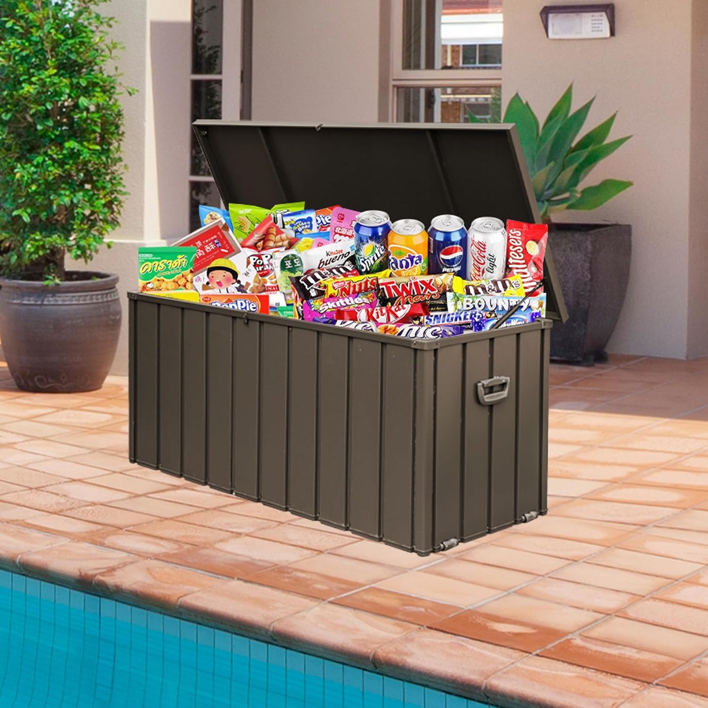 Domi 120 Gallon Deck Box, Outdoor Metal Lockable Storage Cabinet, Waterproof Steel Outdoor Bench with Lockable Lid, Side Handles & Rolling Casters for Outside Cushions, Pillows, Garden Tools, Brown