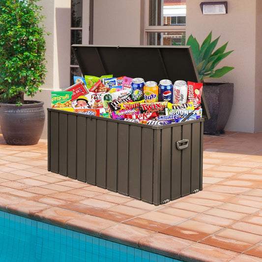Domi 120 Gallon Deck Box, Outdoor Metal Lockable Storage Cabinet, Waterproof Steel Outdoor Bench with Lockable Lid, Side Handles & Rolling Casters for Outside Cushions, Pillows, Garden Tools, Brown
